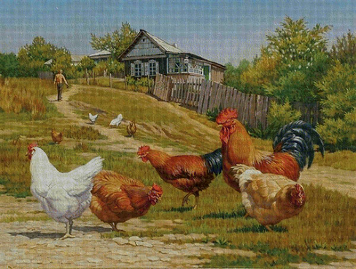 Деревенский пейзаж. худ. Е.Сучкова - домик, куры, петух, деревня - предпросмотр