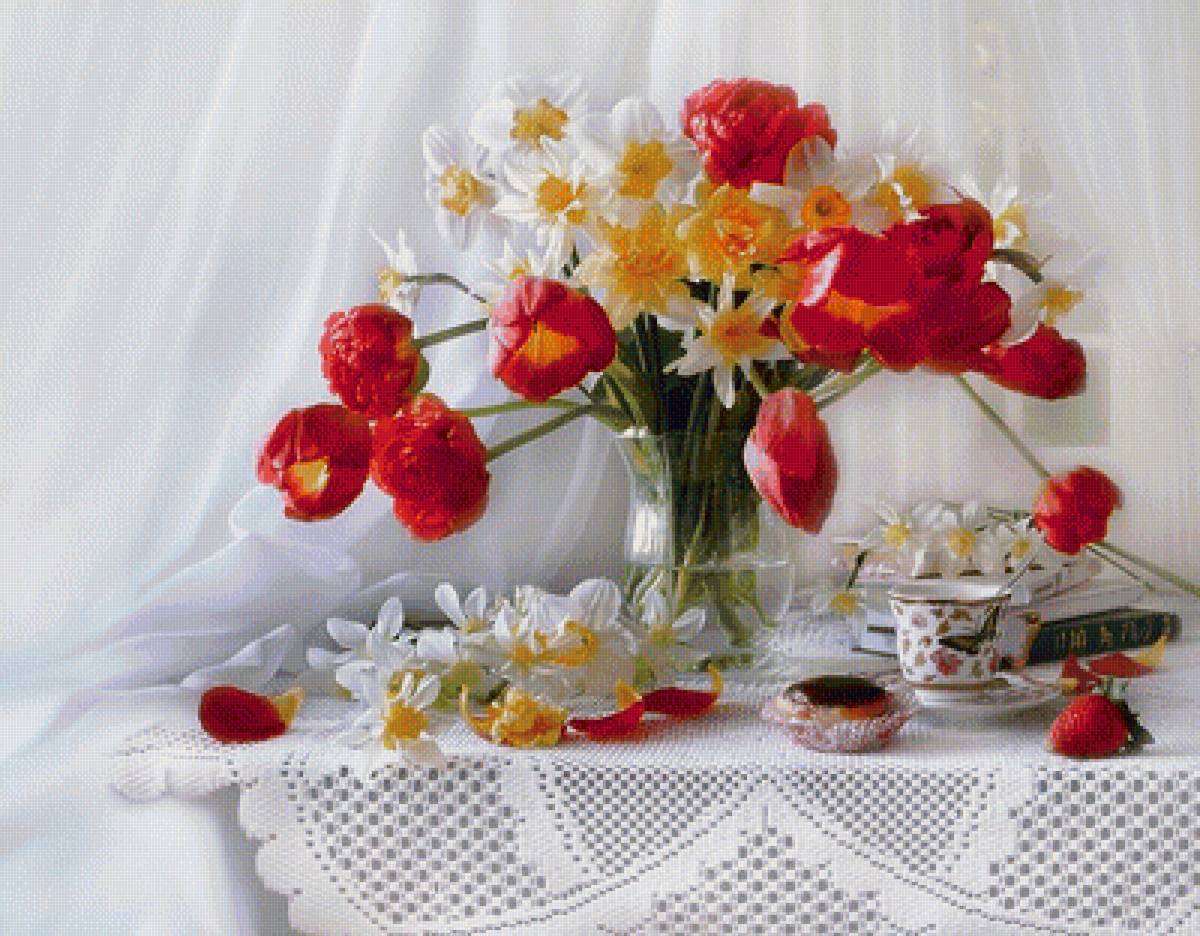 Натюрморт - нарцисы, натюрморт, букет, цветы, бокал, тюльпаны, книга - предпросмотр