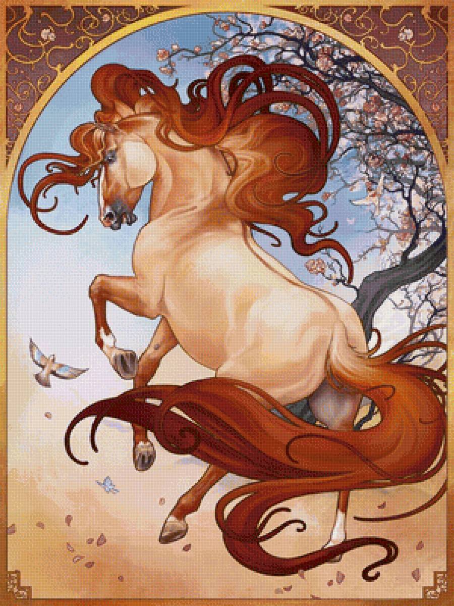 Лошадь - рисунок, животные, лошадь, птички - предпросмотр