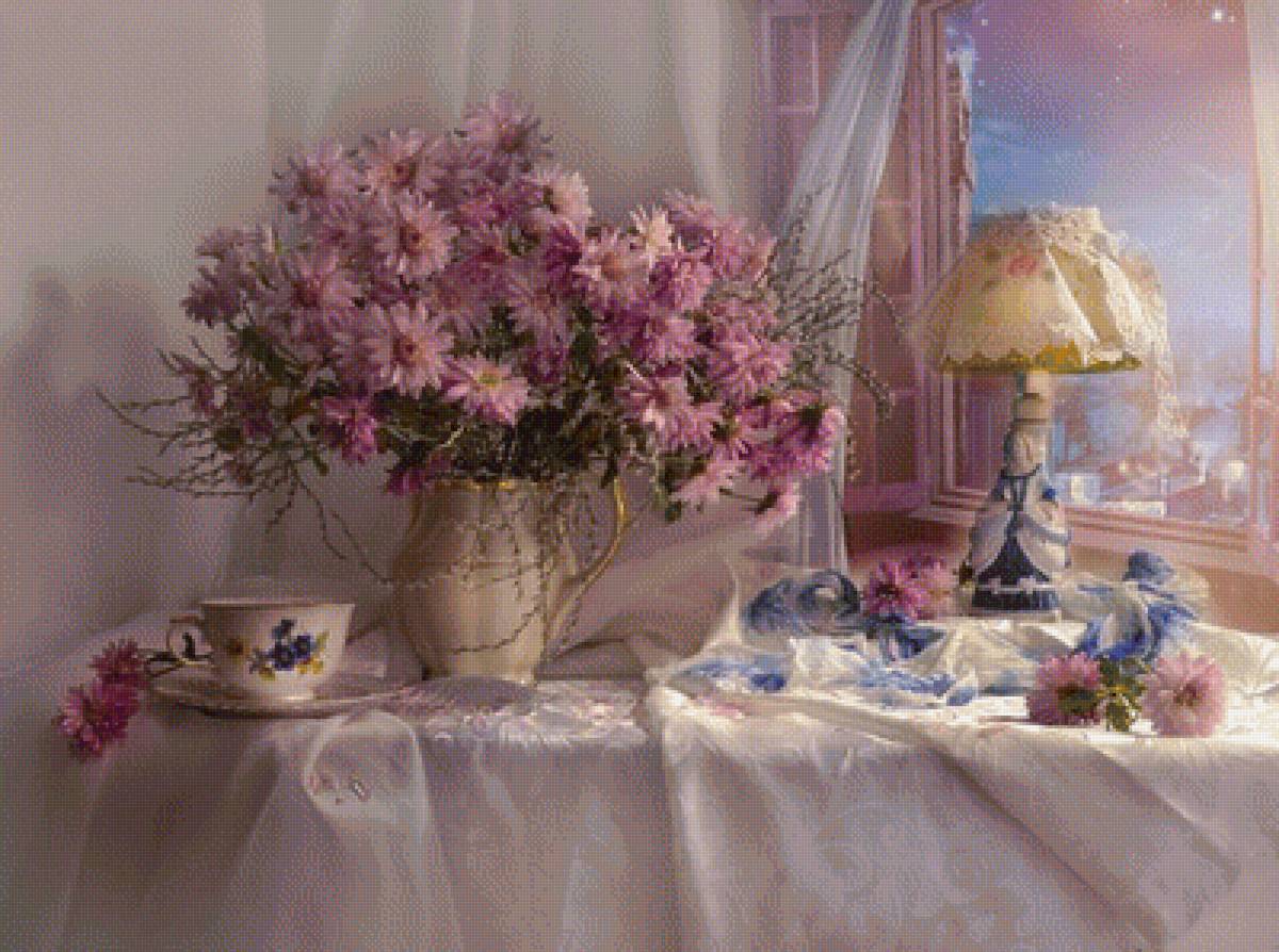 Натюрморт - лампа, окно, букет, цветы, натюрморт - предпросмотр