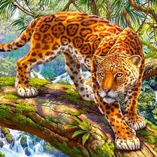 Схема вышивки «Ягуар у водопада»