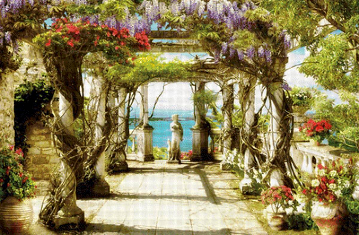 У моря - статуя, лето, пейзаж, цветы, море, природа - предпросмотр