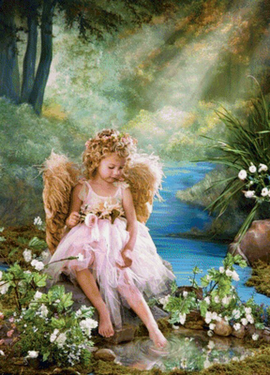 Ангелочек в саду - пейзаж, сад, ангелочек, природа - предпросмотр