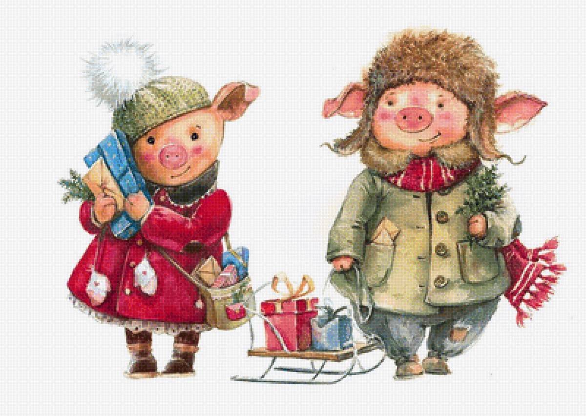 Поросята с подарками. худ. Марина Федотова - санки, поросята, новый год, подарки - предпросмотр