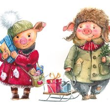 Схема вышивки «Поросята с подарками. худ. Марина Федотова»