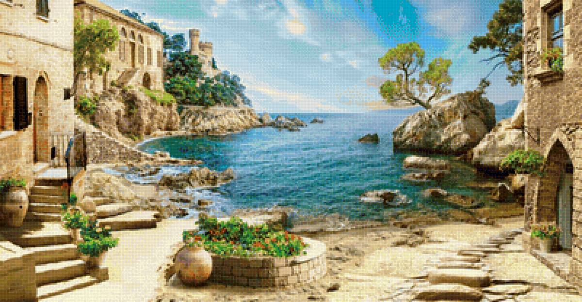 Морской пейзаж - лето, природа, море, цветы, замок, пейзаж - предпросмотр