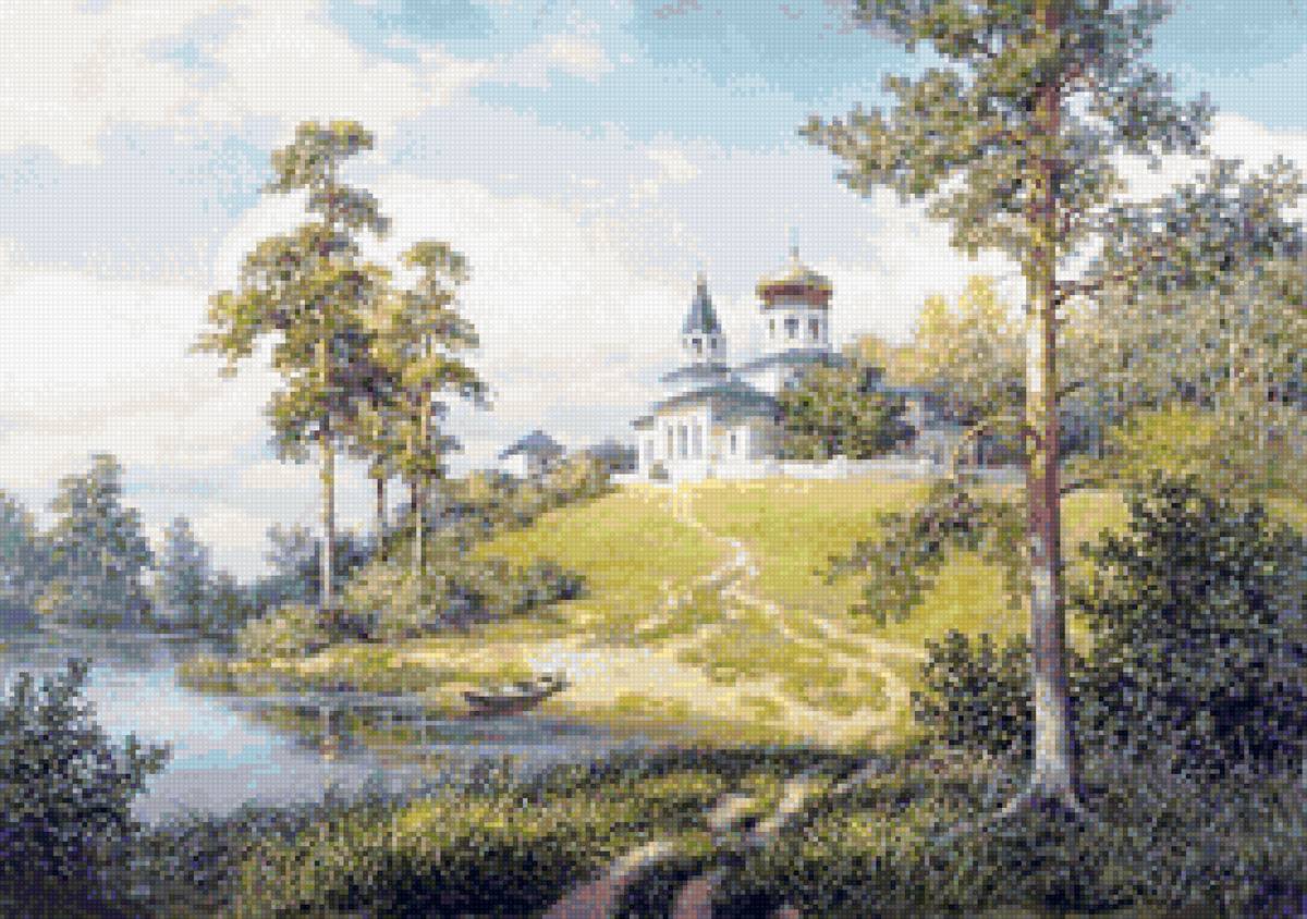 Худ. Сатаров М. Под Звенигородом. - река, пейзаж, лето, церковь - предпросмотр