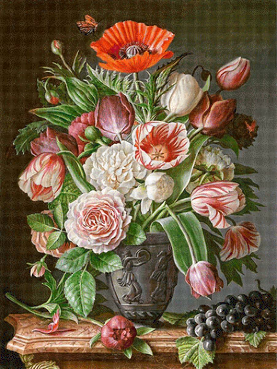 Натюрморт - букет, цветы, виноград - предпросмотр