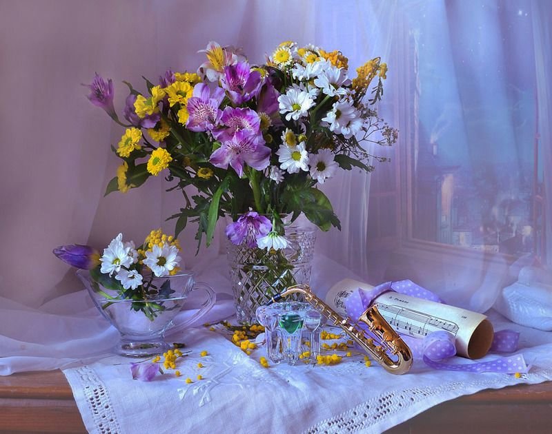 Натюрморт - букет, ноты, натюрморт, цветы - оригинал