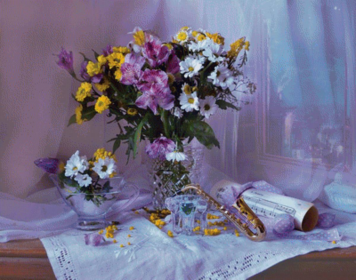 Натюрморт - цветы, ноты, натюрморт, букет - предпросмотр
