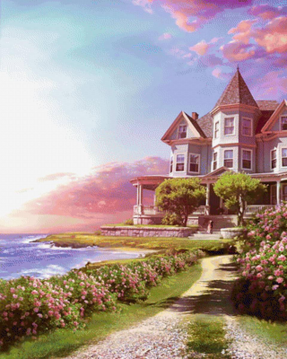 Домик у моря - природа, пейзаж, море, цветы, дом, домик - предпросмотр