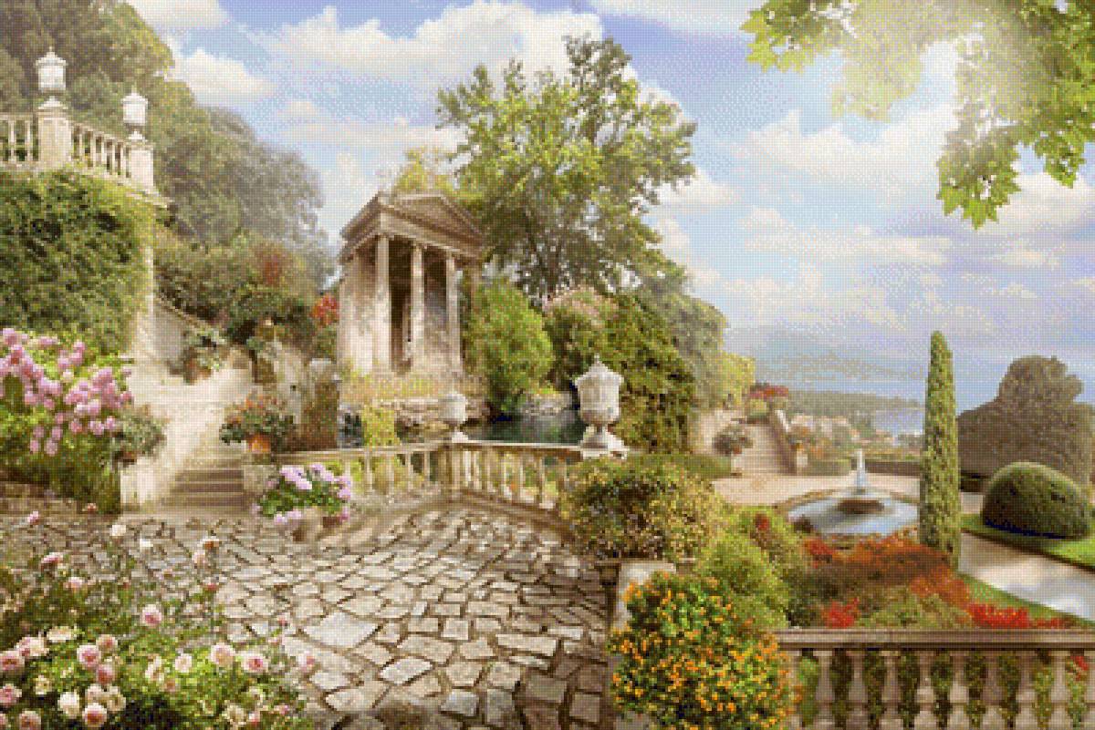 Пейзаж - пейзаж, природа, лето, цветы, море, терраса - предпросмотр