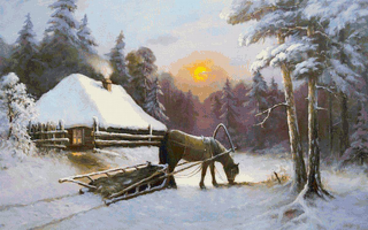Худ.Соловьев Сергей Николаевич ЗИМНИЙ ВЕЧЕР - лошадь, деревня, пейзаж зима, снег - предпросмотр