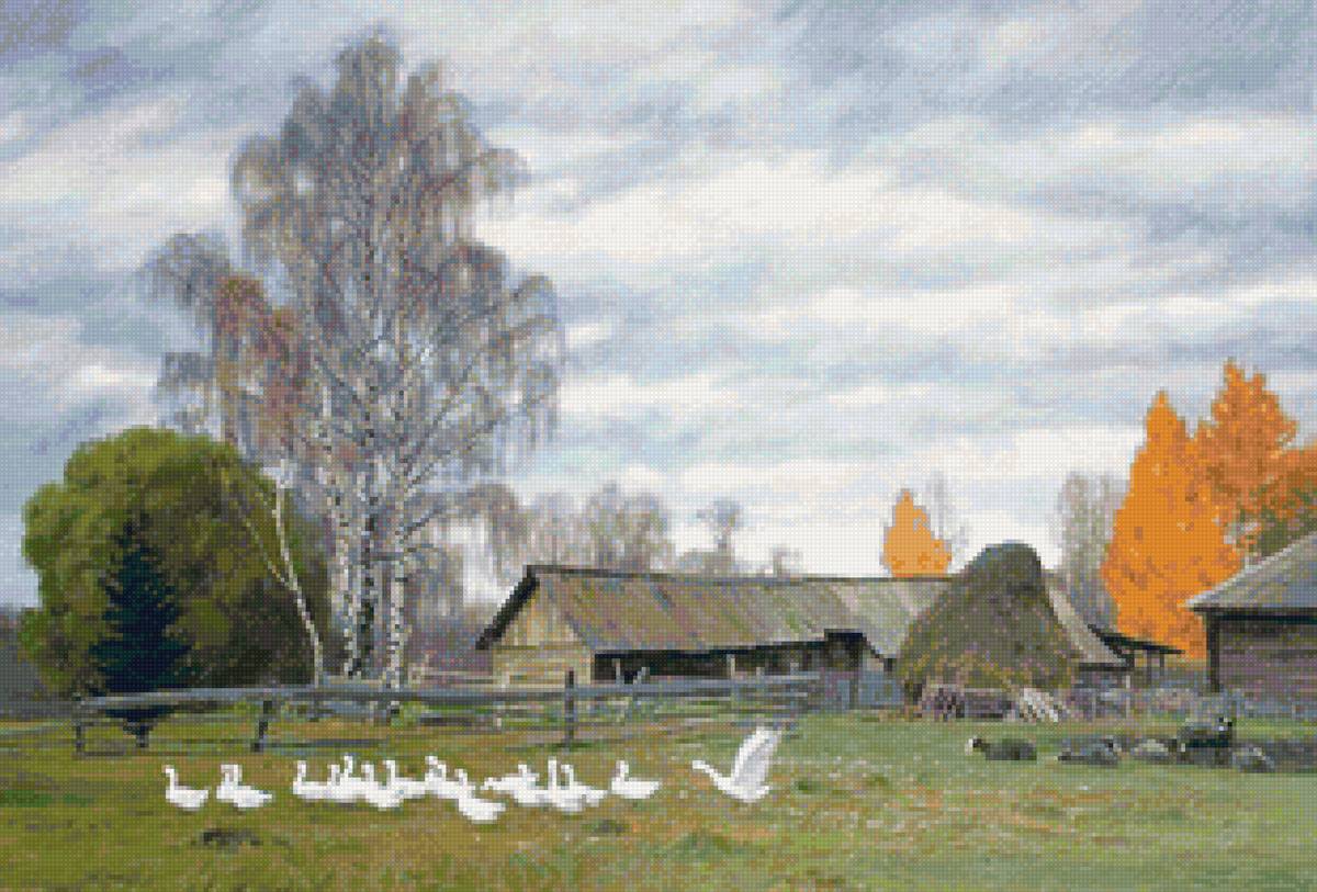 Худ.Татьяна Юшманова. Поздняя осень - деревня, природа, пейзаж осень, гуси - предпросмотр
