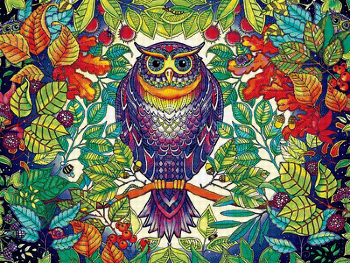 Сова - птица, листья, рисунок, сова - предпросмотр