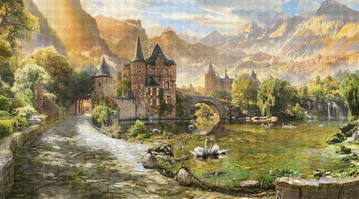 Замок в горах - мост, птицы, лебеди, замок, природа, пейзаж, горы, озеро - предпросмотр