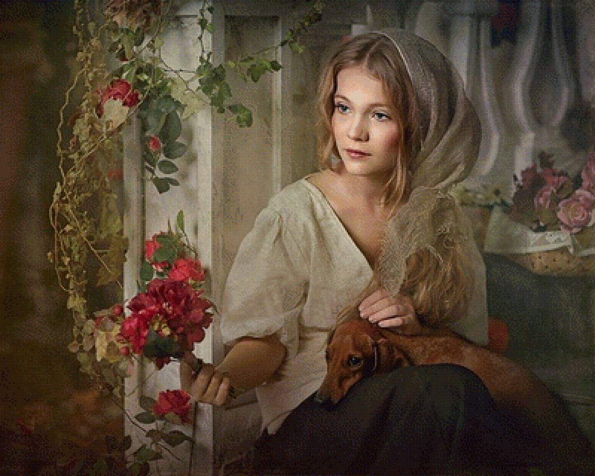 Цветочница - цветы, такса, цветочница, собака, девушка - предпросмотр