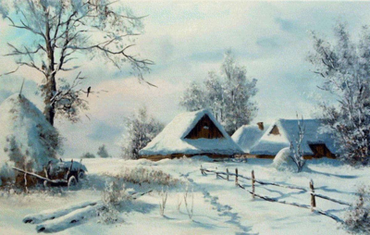 Зимняя деревенька /худ. Марек Щепаняк/ - дорога, телега, зима, деревня, стог сена - предпросмотр