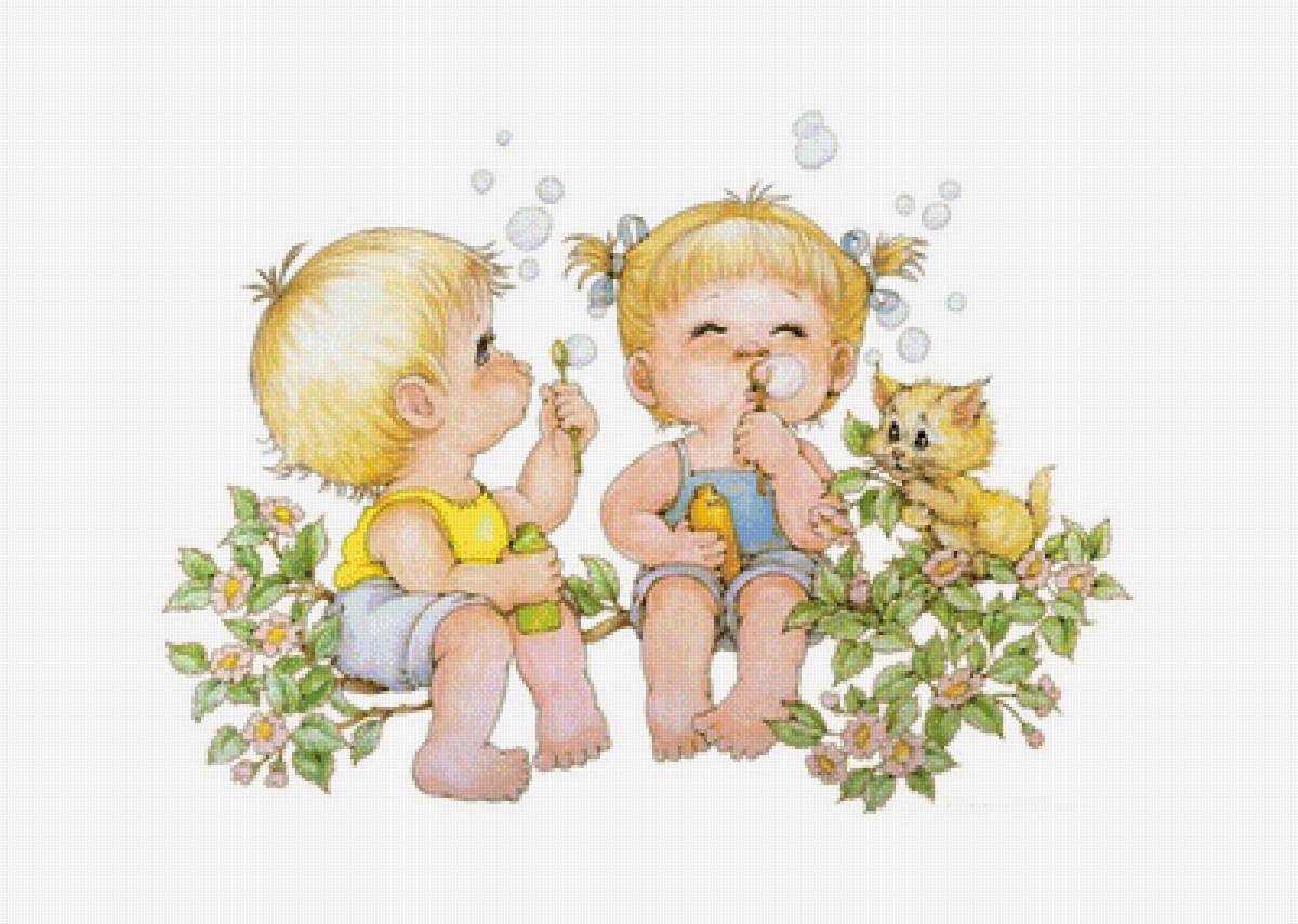 Мыльные пузыри /худ. Рут Морхед/ - цветущая ветка, дети, котенок, мыльные пузыри - предпросмотр