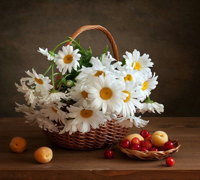 Натюрморт - цветы, фрукты, ромашки, натюрморт, абрикосы, букет, вишня - оригинал