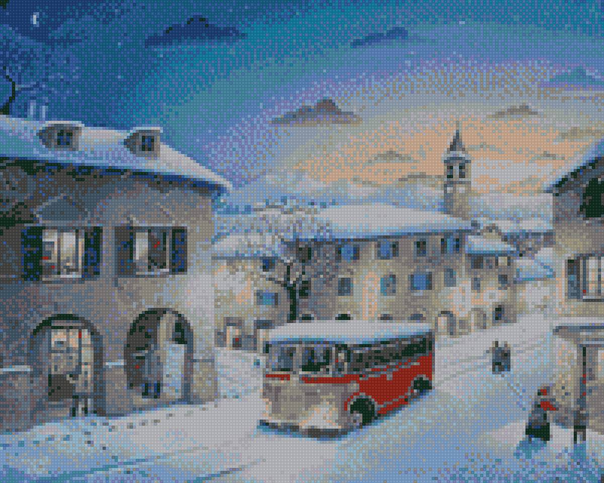 вечер в городе - наив, вечер, автобус, городской пейзаж, пейзаж, зима - предпросмотр