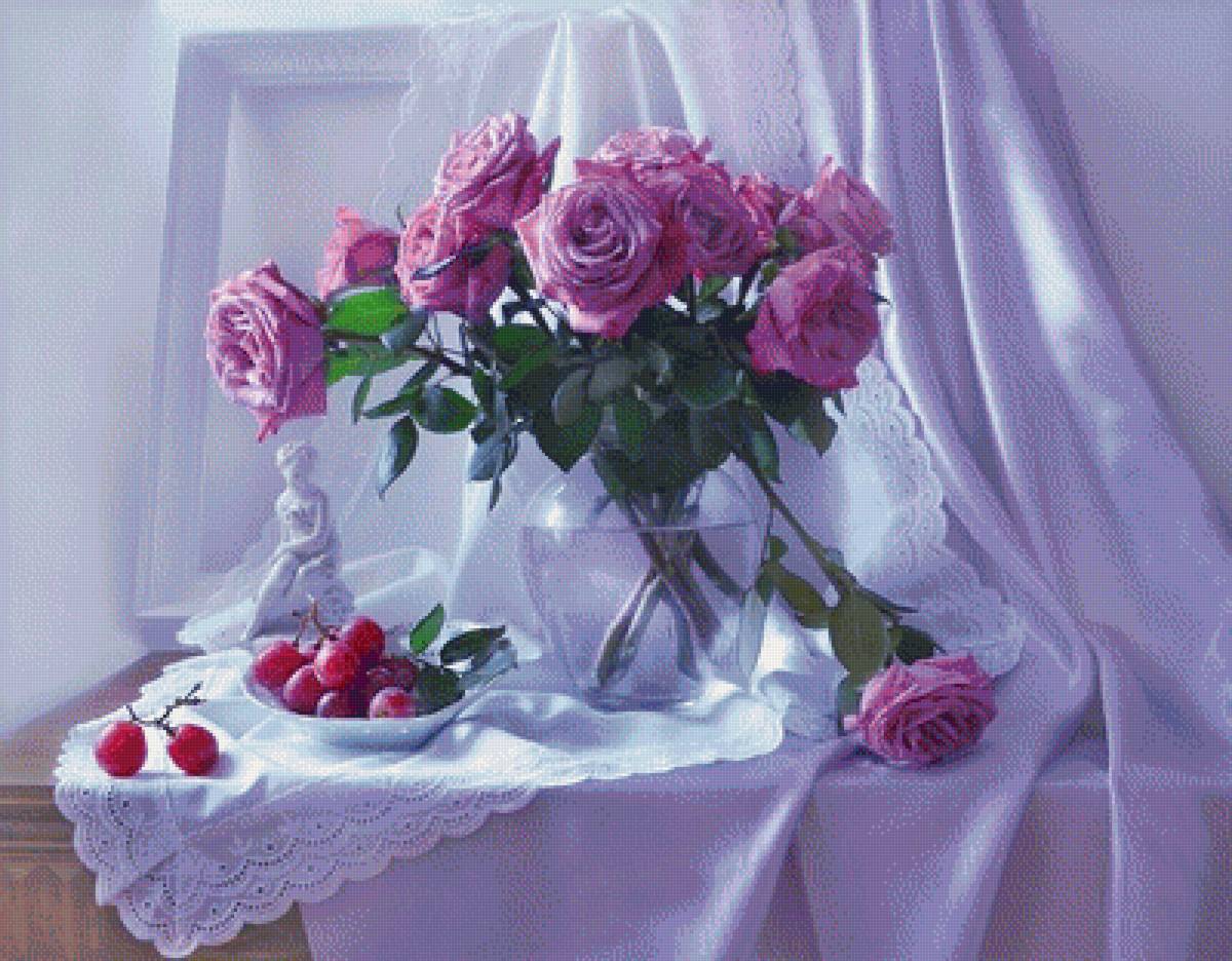 Розы - виноград, розы, цветы, букет, натюрморт - предпросмотр