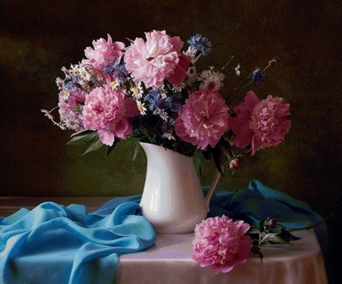 Натюрморт - цветы, натюрморт, пионы, букет, ромашки, васильки - предпросмотр