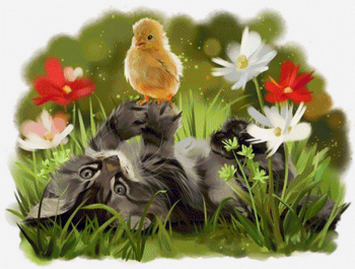 Котик и цыплёнок - кот, цыпленок, животные, котенок, рисунок, цветы, котик - предпросмотр