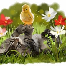 Схема вышивки «Котик и цыплёнок»