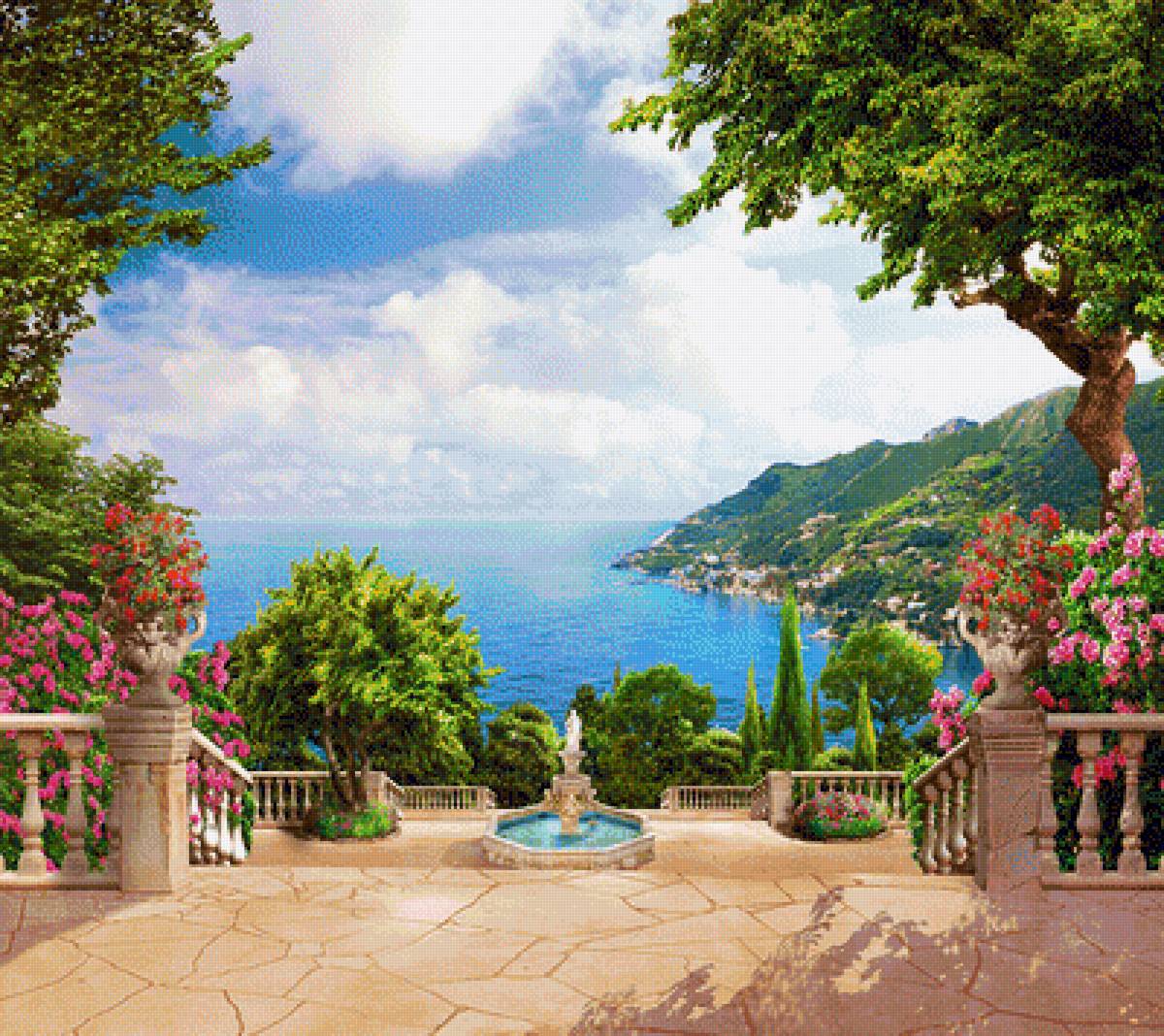 Морской пейзаж - море, природа, пейзаж, лето, терраса, цветы, горы - предпросмотр
