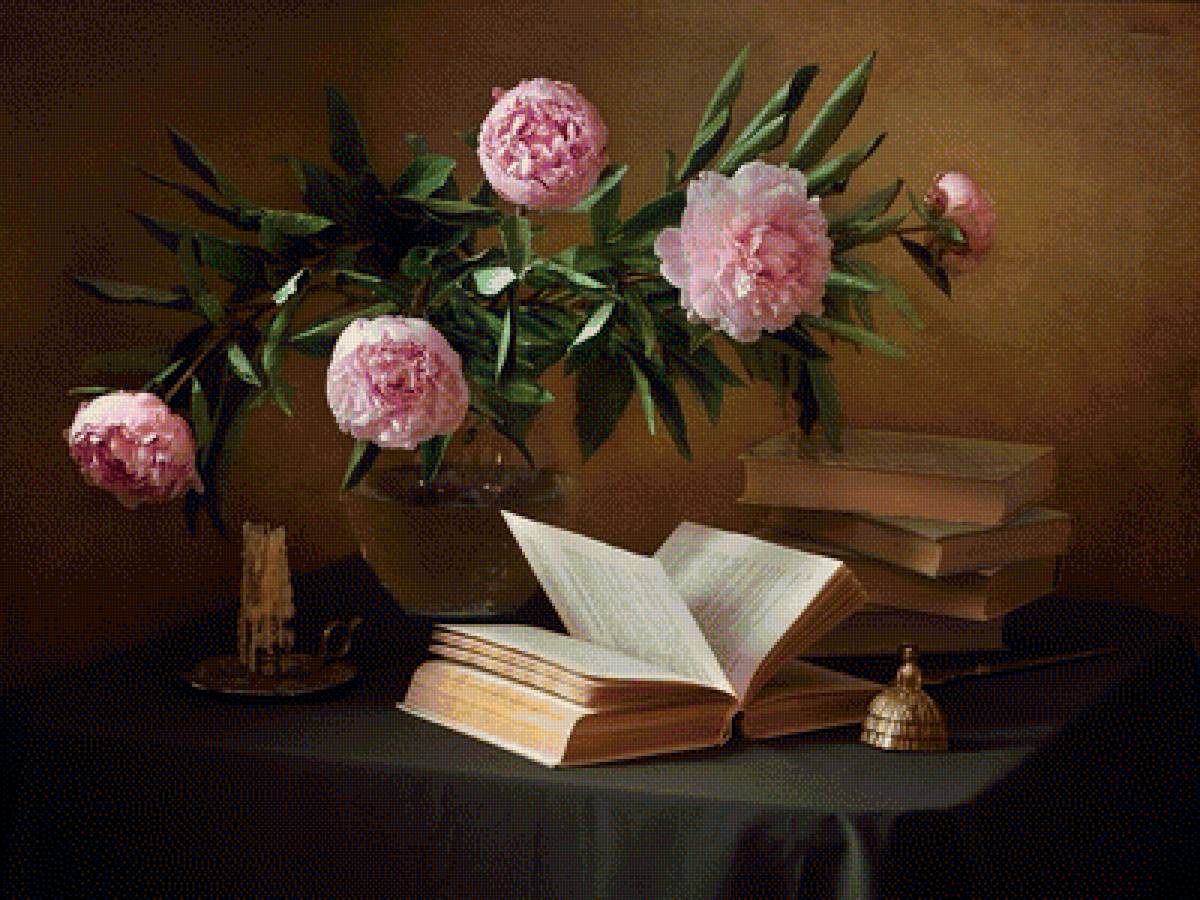 Натюрморт - натюрморт, книги, букет, пионы, цветы - предпросмотр