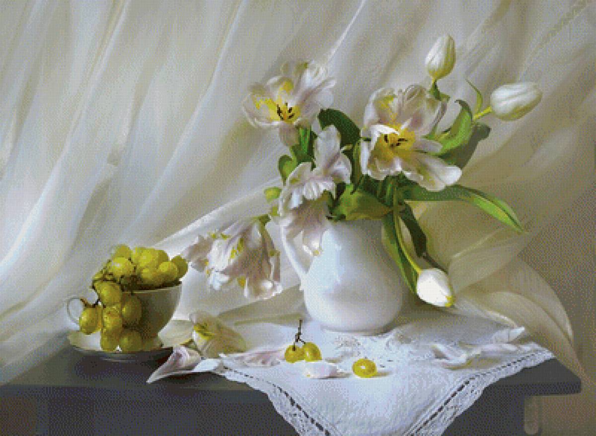 Натюрморт - виноград, букет, тюльпаны, цветы, натюрморт - предпросмотр