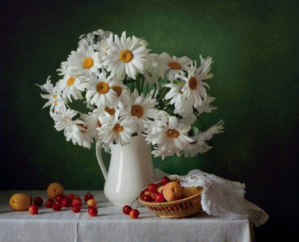 Натюрморт - ромашки, фрукты, натюрморт, букет, абрикосы, цветы, вишня - предпросмотр