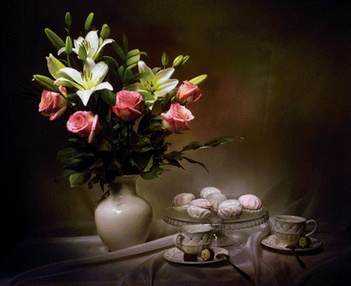 Натюрморт - зефирки, цветы, розы, натюрморт, букет, лилии - предпросмотр