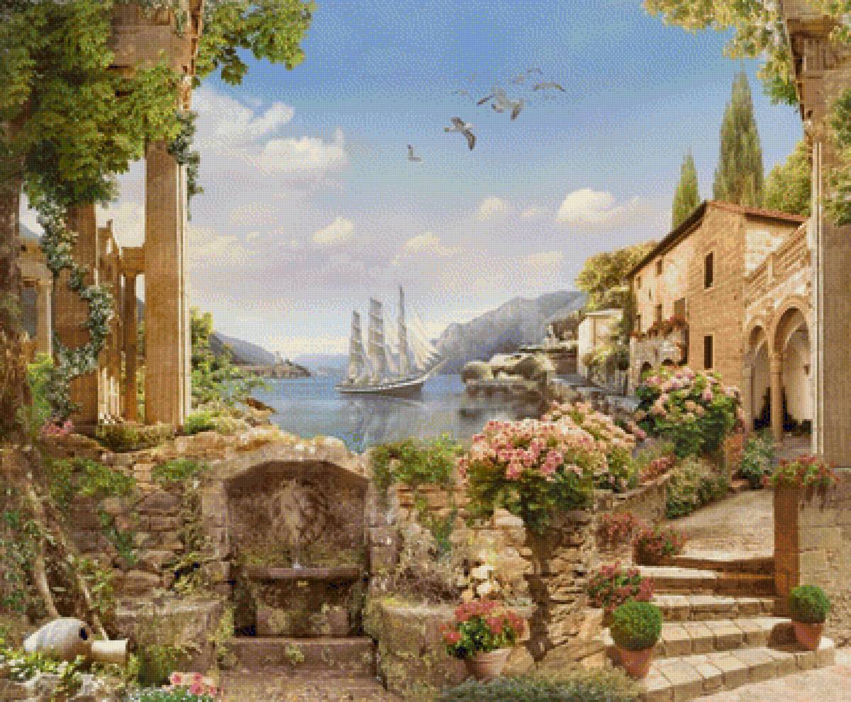 У моря - цветы, море, лето, чайки, парусник, город, пейзаж, природа - предпросмотр