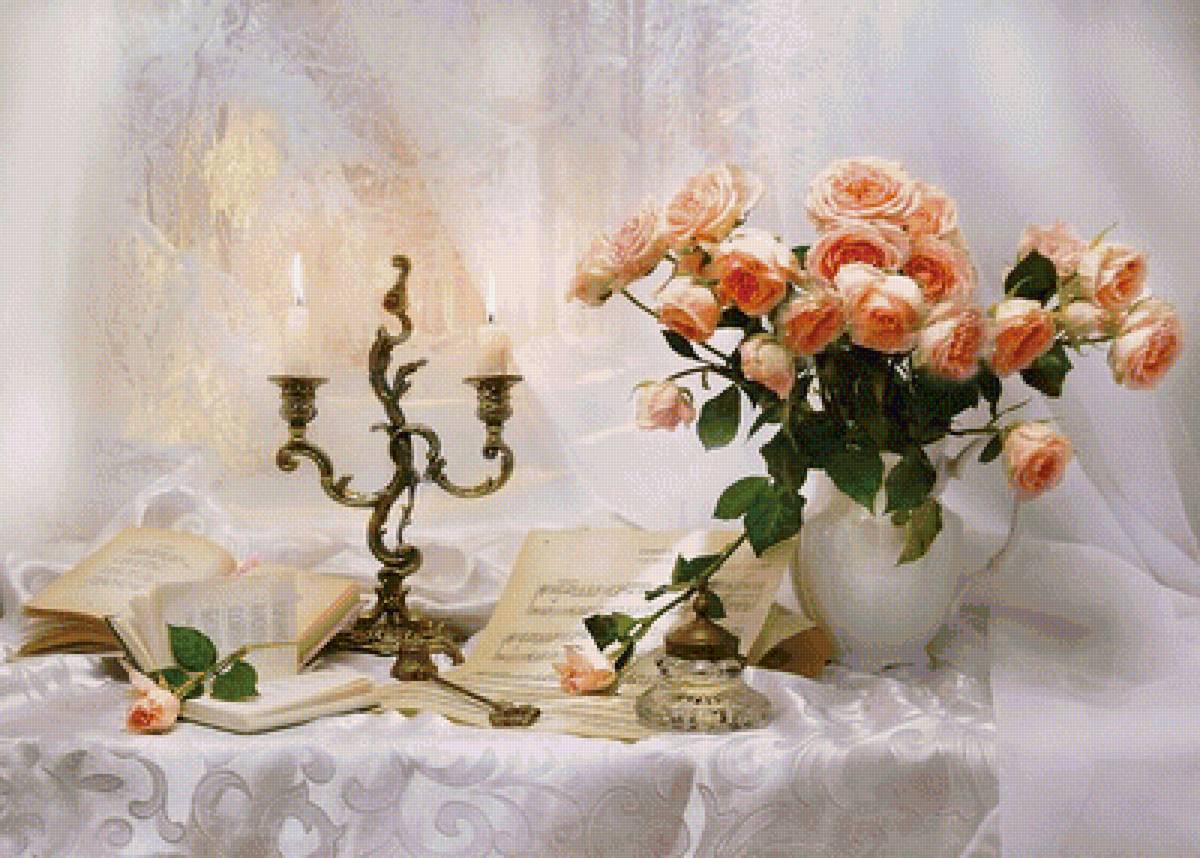 Розы - ноты, натюрморт, розы, свечи, цветы, букет - предпросмотр