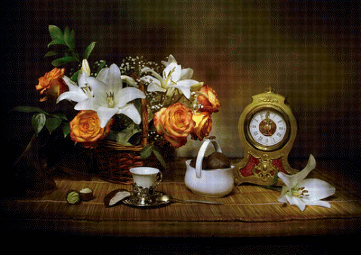 Натюрморт - цветы, натюрморт, розы, лилии, букет, часы - предпросмотр