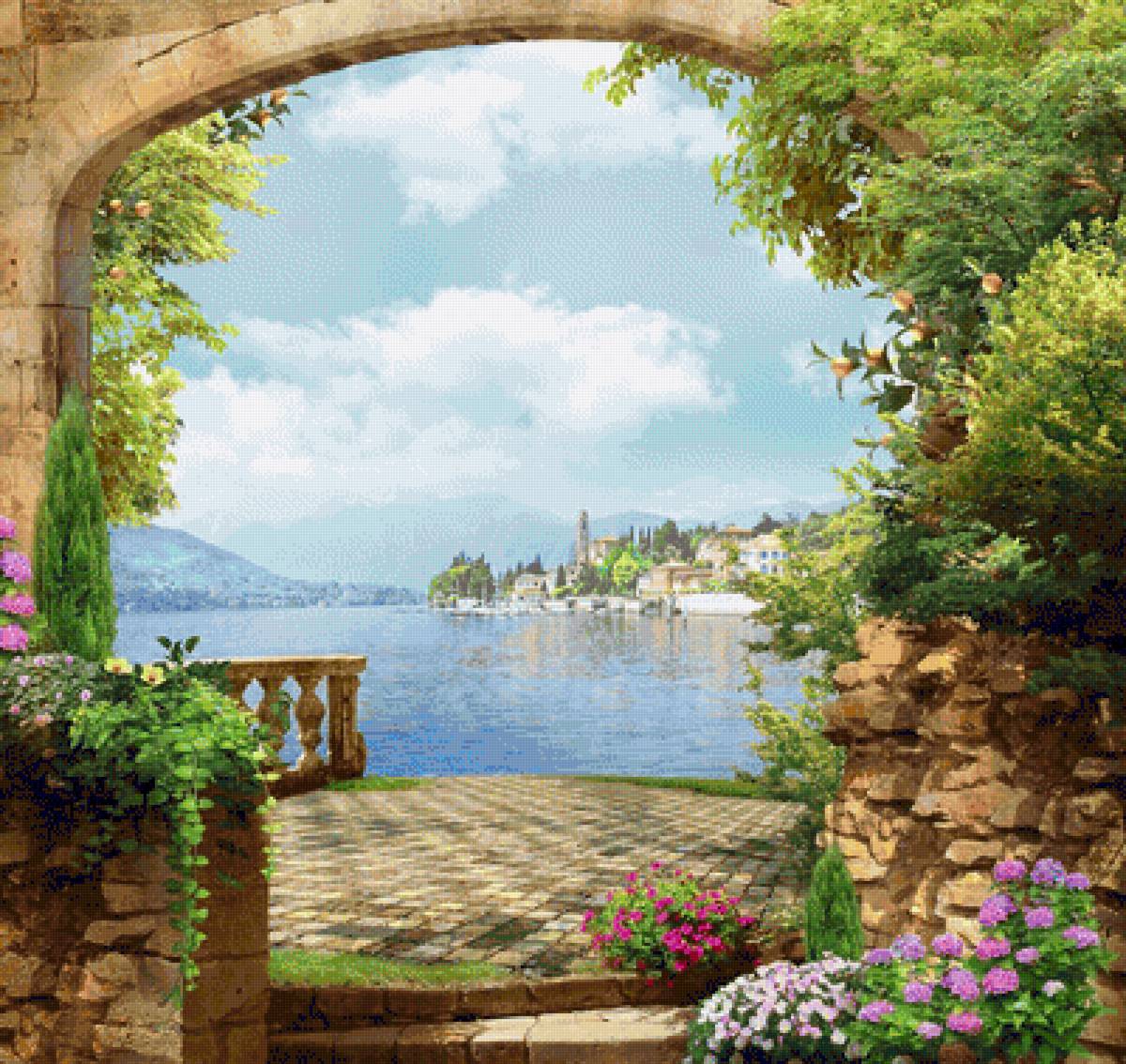 У моря - море, лето, цветы, арка, природа, терраса, пейзаж, город - предпросмотр