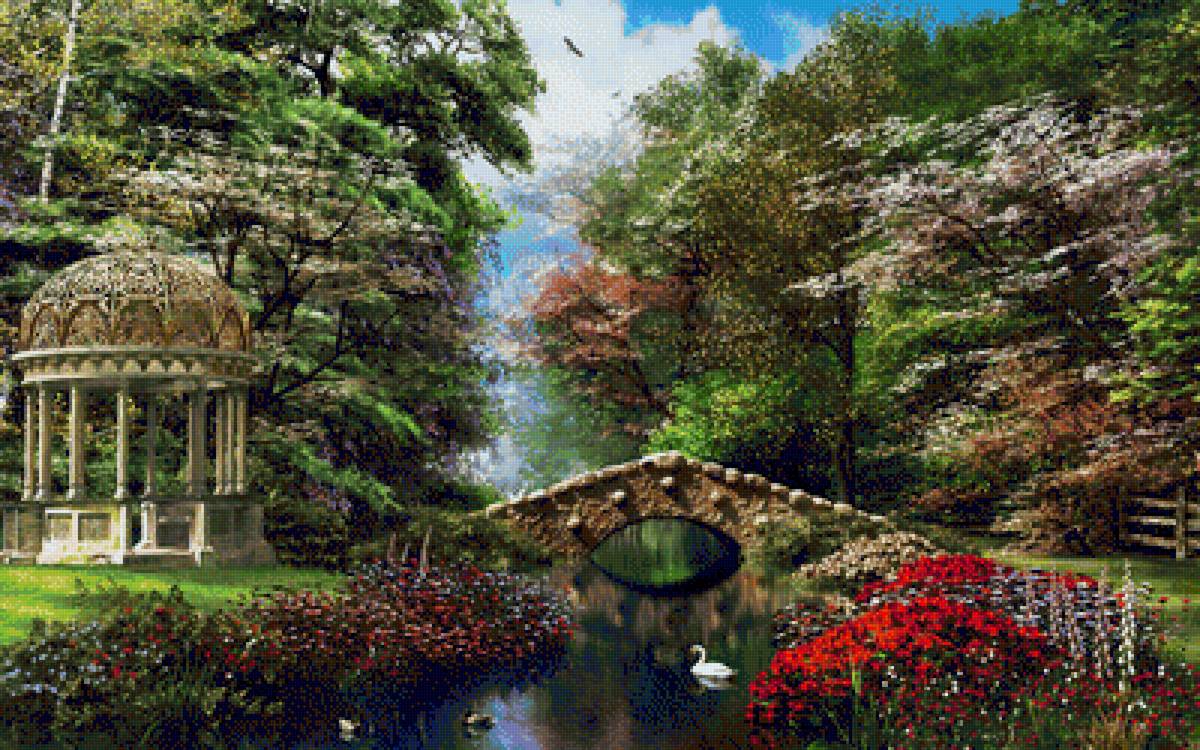 Пейзаж - сад, цветы, лето, мост, пруд, беседка, природа, лебедь, пейзаж - предпросмотр