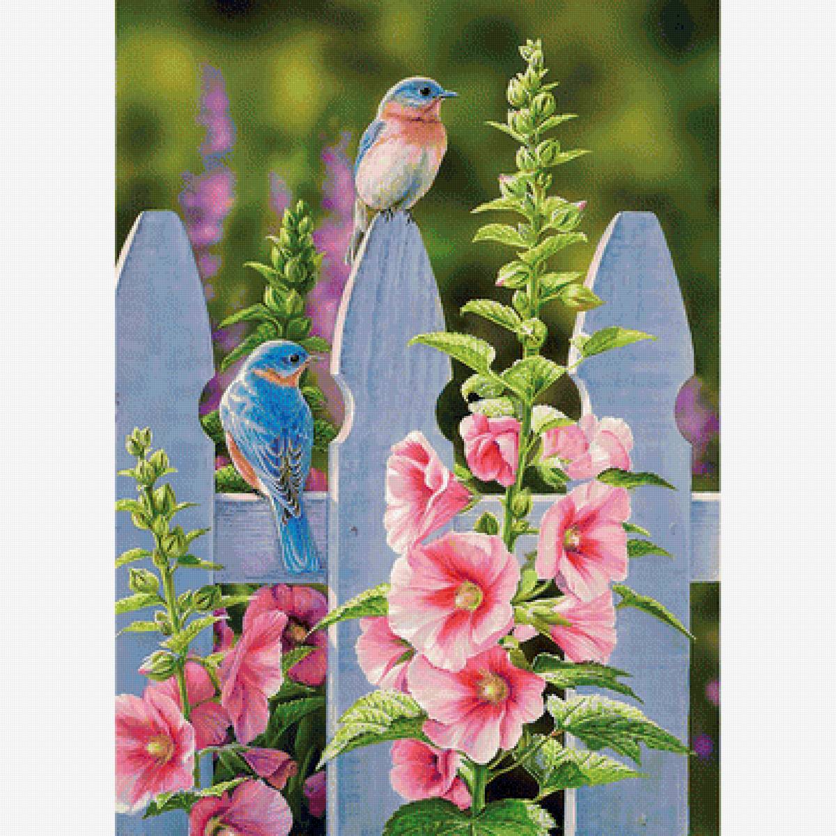 Птички и цветы - природа, птички, цветы, рисунок, птицы - предпросмотр