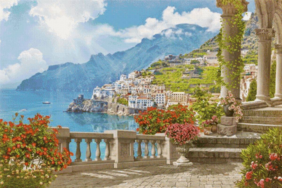 Морской пейзаж - цветы, море, город, терраса, горы, лето, пейзаж, природа - предпросмотр