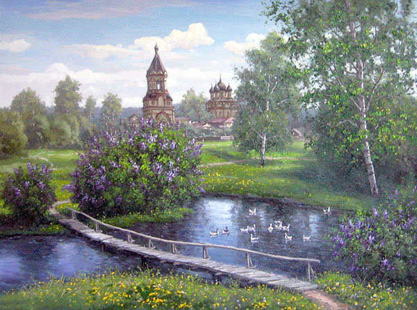 Худ. Ханаин С. - природа, лето, церковь, пейзаж, вода - оригинал
