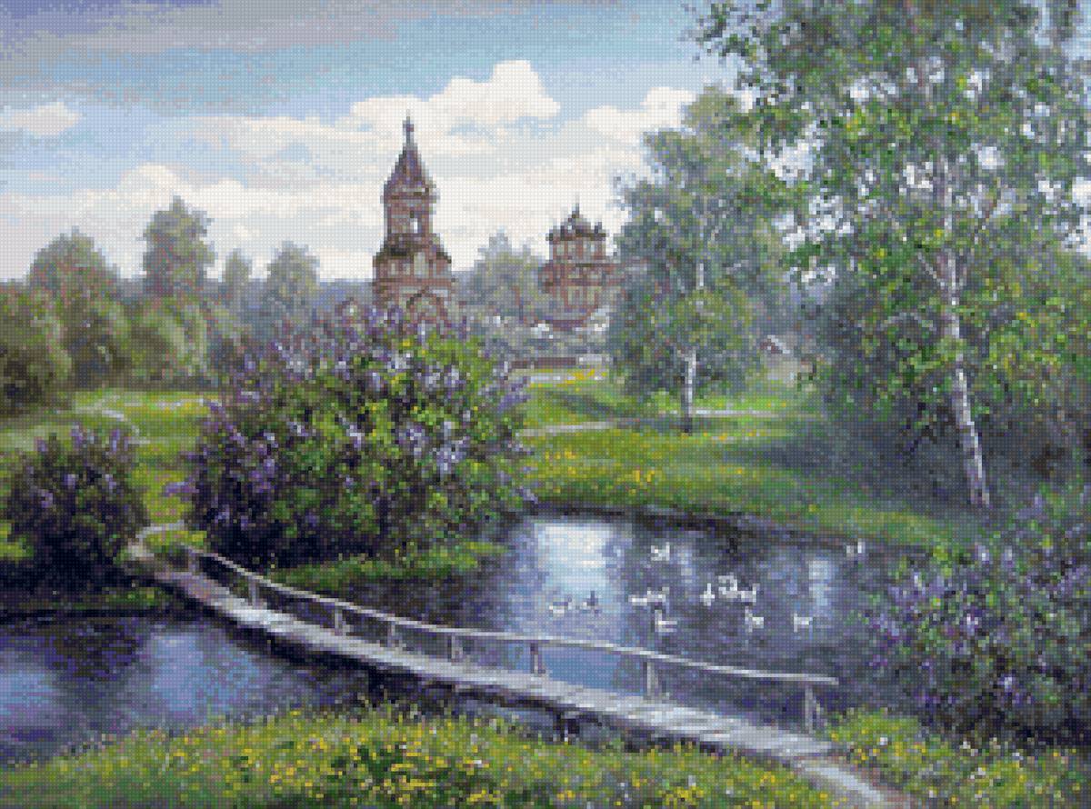 Худ. Ханаин С. - пейзаж, природа, церковь, вода, лето - предпросмотр