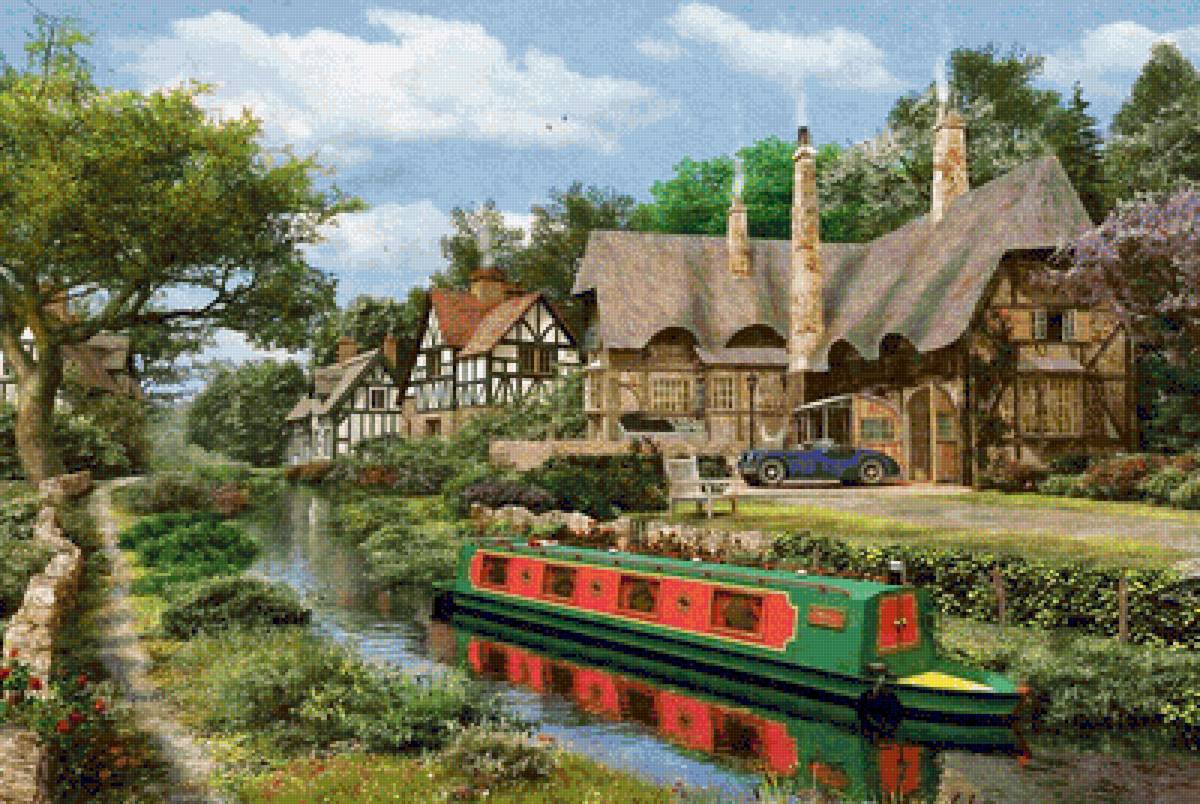 Пейзаж - цветы, природа, река, пейзаж, лето, домики, дом, деревня - предпросмотр