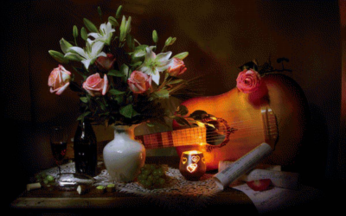 Натюрморт - натюрморт, розы, цветы, букет, гитара, лилии - предпросмотр