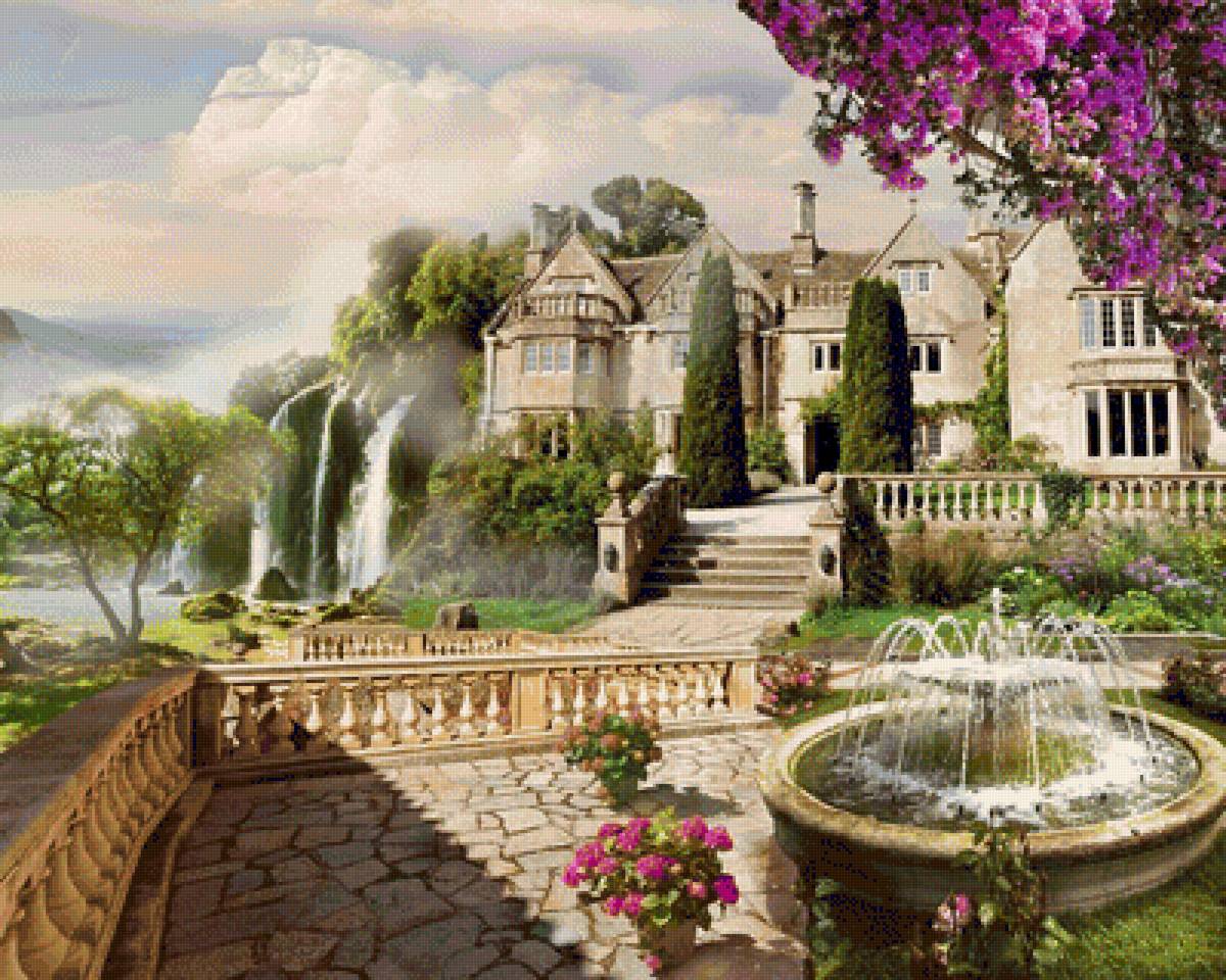 Пейзаж - лето, дом, пейзаж, терраса, природа, цветы, фонтан, водопад - предпросмотр