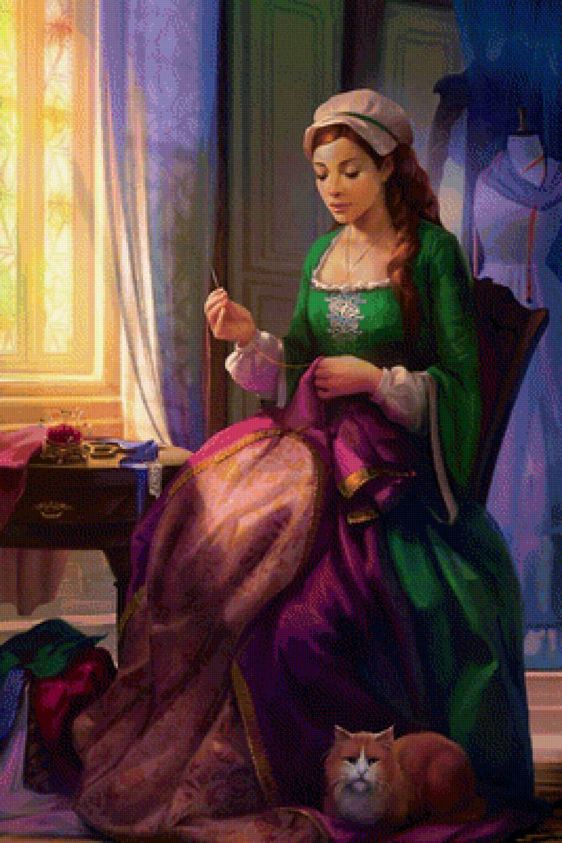 Портниха - кот, портниха, девушка, рисунок - предпросмотр