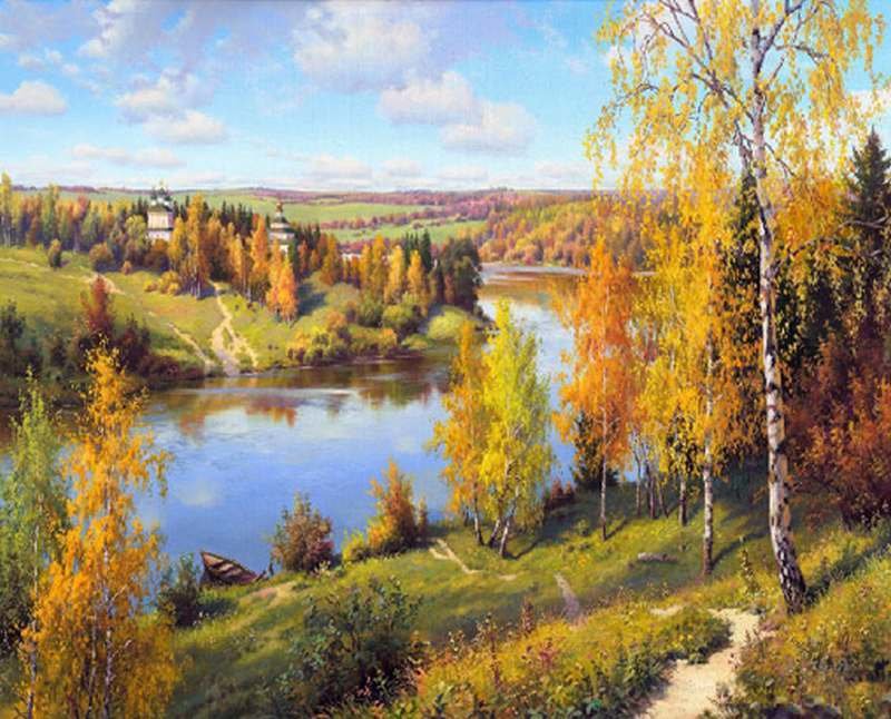 Осень /худ. Игорь Прищепа/ - осень, лес, береза, тропинка, река - оригинал