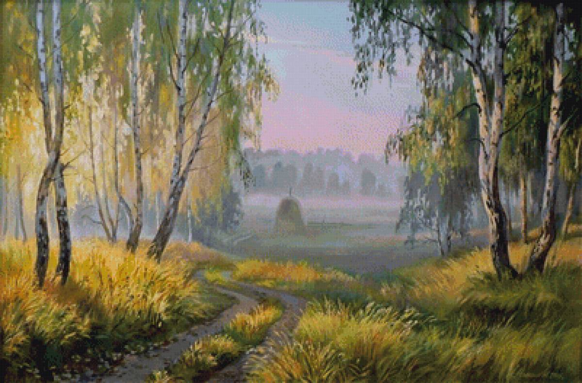 Ранне утро /худ. Игорь Прищепа/ - дорога, утро, березы, лес - предпросмотр