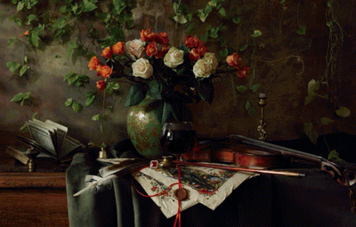 Натюрморт - натюрморт, перо, цветы, скрипка, книга, букет, розы - предпросмотр